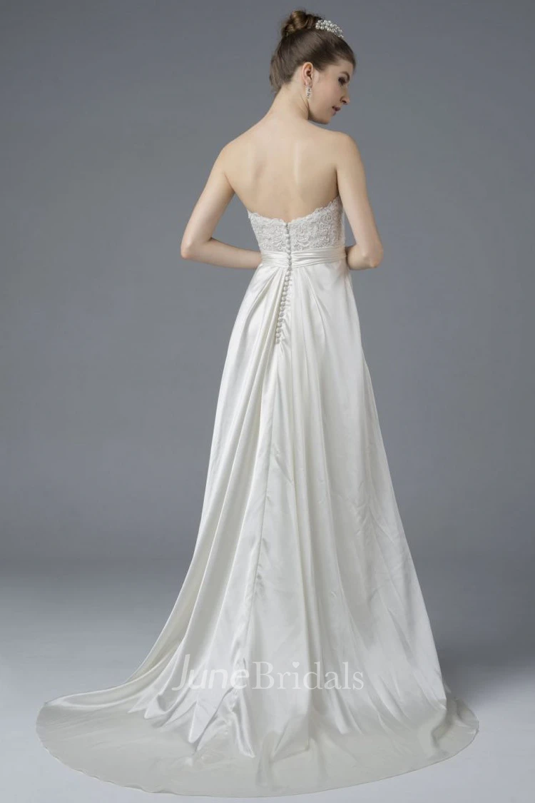 Elegant Sweetheart Open Back Satin Lace Appliques Gown With Draping And Buttons