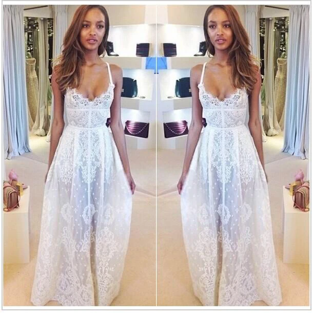 Glamorous Sleeveless Spaghetti Straps Prom Dress With Lace Floor Length Evening Gowns