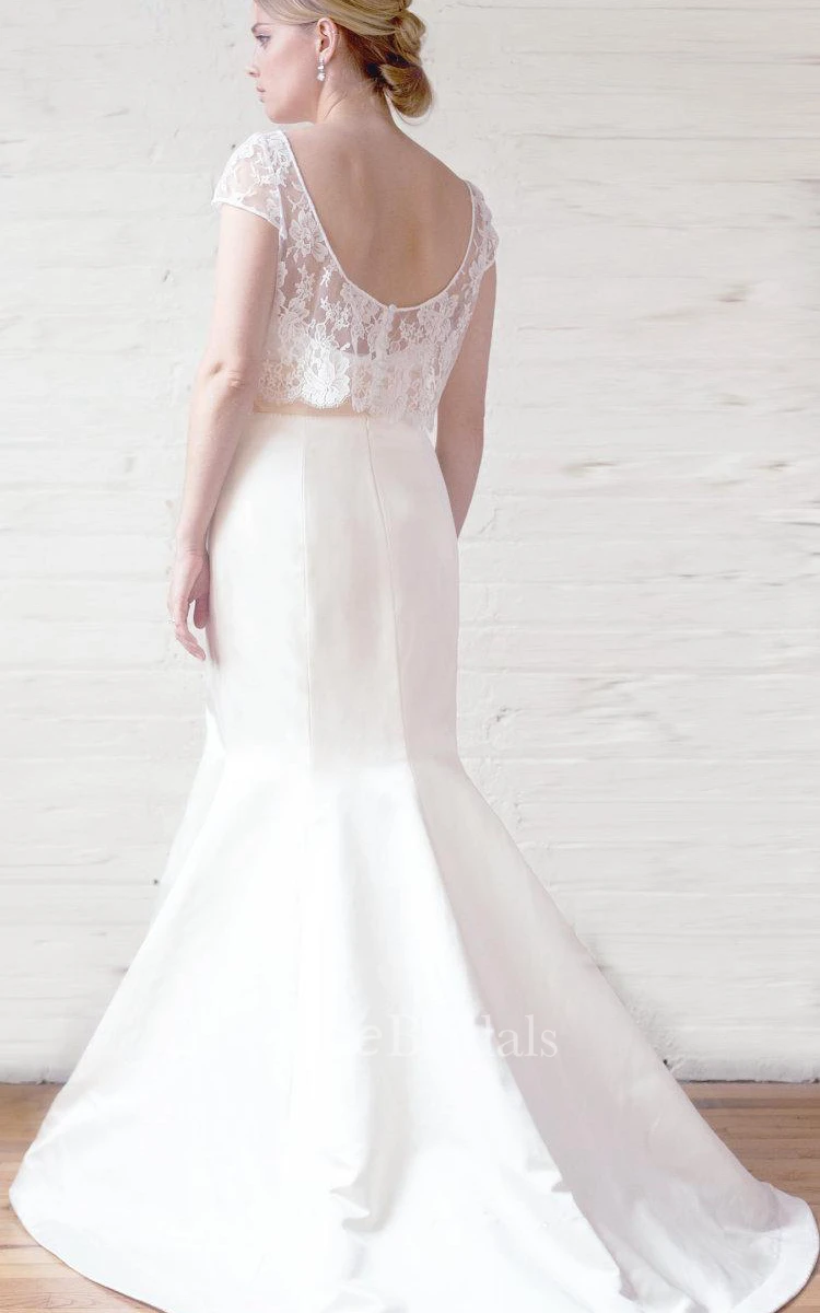 Bateau Low-V Back Sheath Long Satin Wedding Dress With Lace And Bow