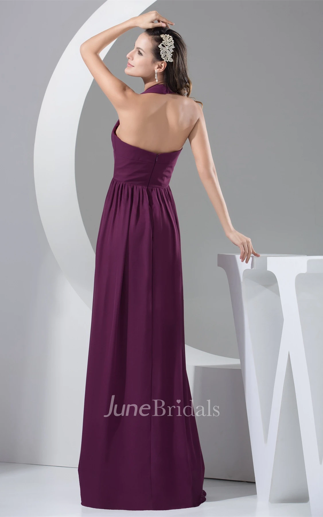 Plunged Backless Chiffon Sheath Dress with Pleats