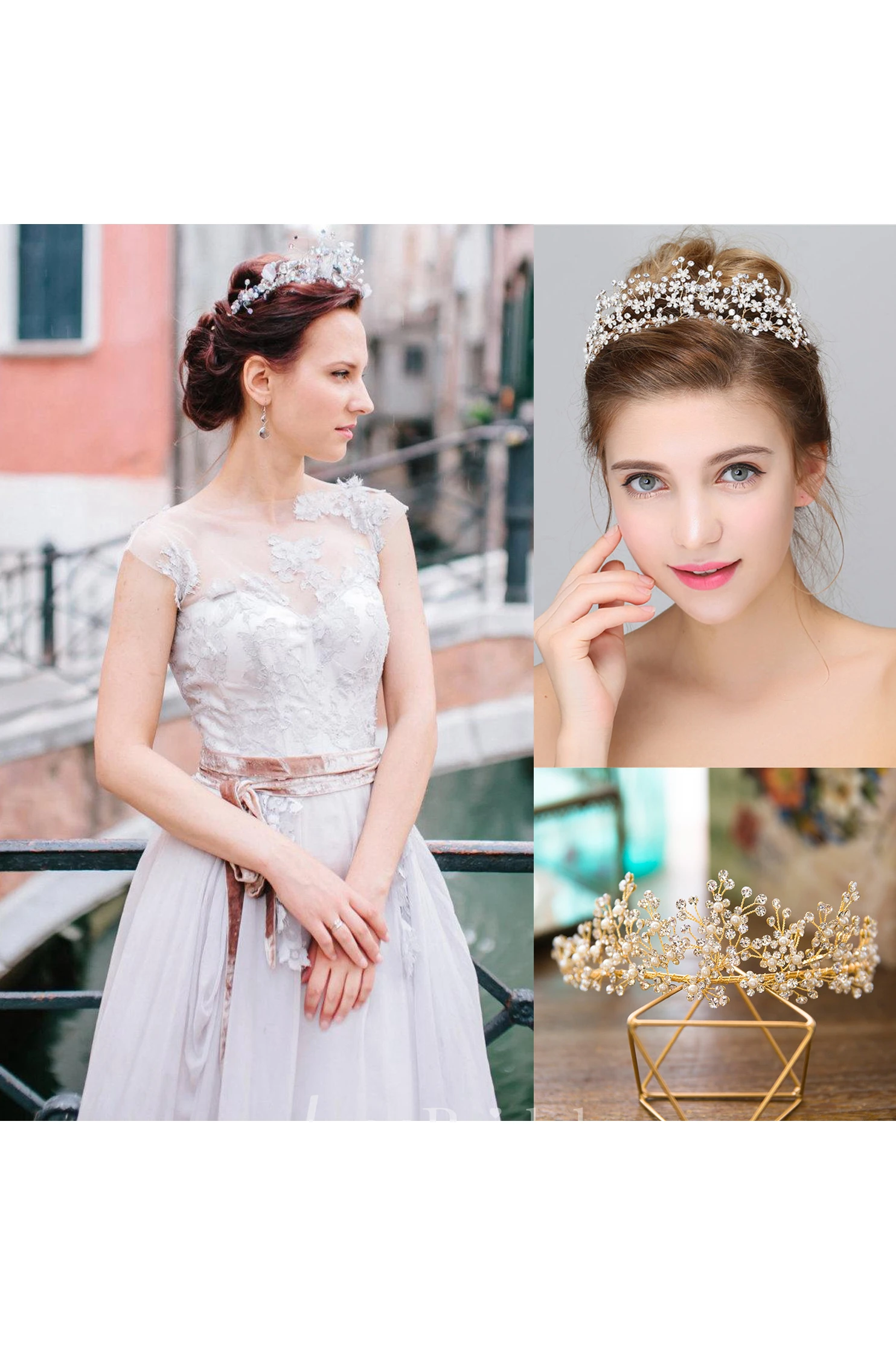 Romantic Lace Wedding In Lavender Shade Dress and Atmospheric Golden Crown Headdress Rhinestone Hairband