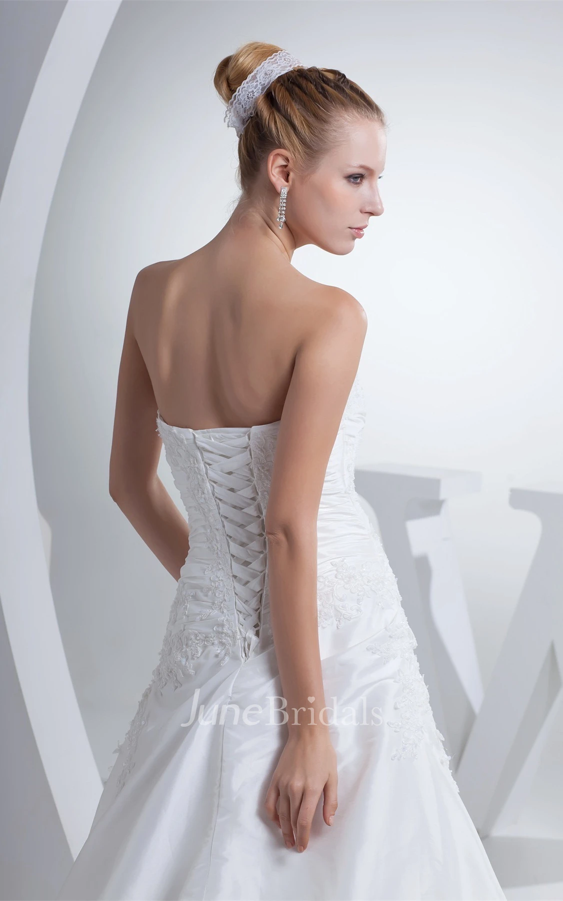 Sweetheart A-Line Ruched Gown with Appliques and Corset Back
