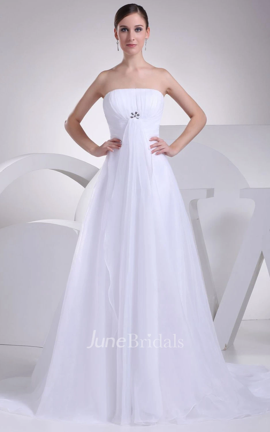 Intricate Strapless Tulle A-Line Dress With Ruching and Broach