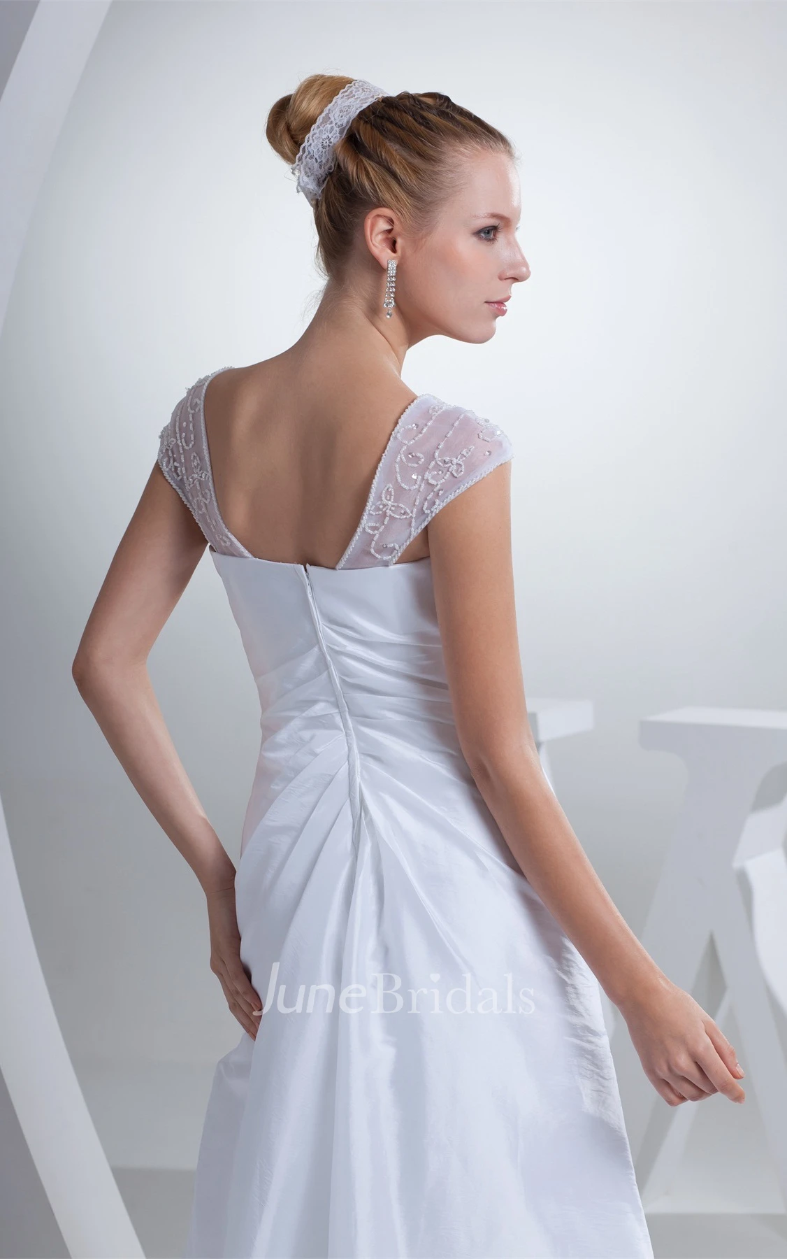 Caped-Sleeve Central-Ruched A-Line Dress with Beading and Sweep Train