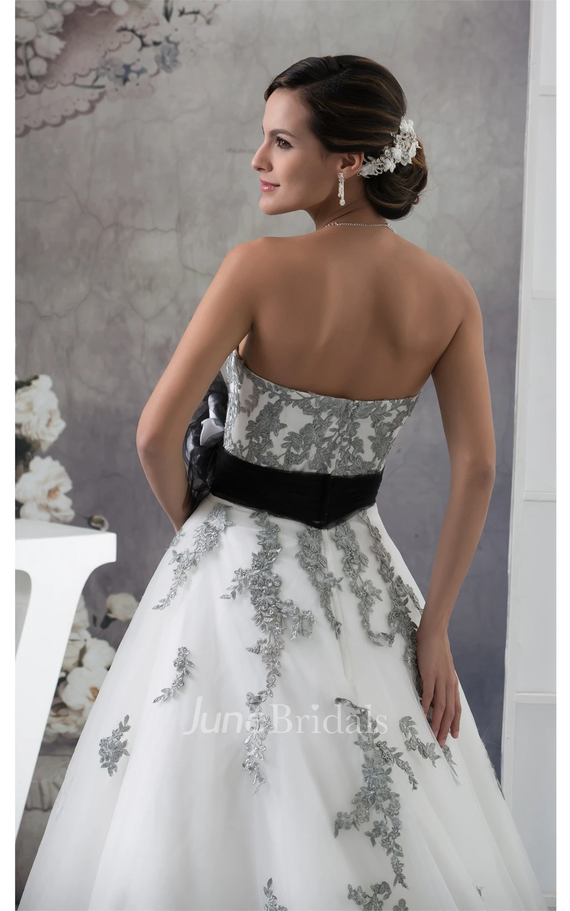 Strapless Appliqued Ball Gown with Flower and Tulle Overlay