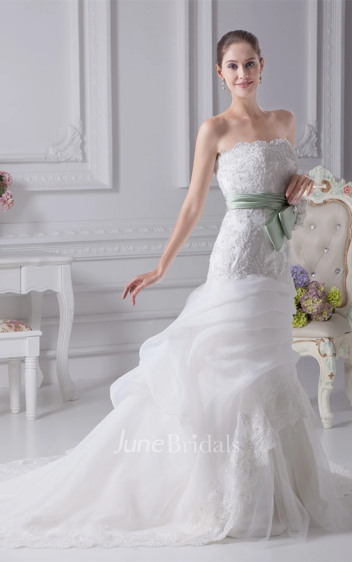 Strapless Appliqued A-Line Gown with Beading and Floral Bow