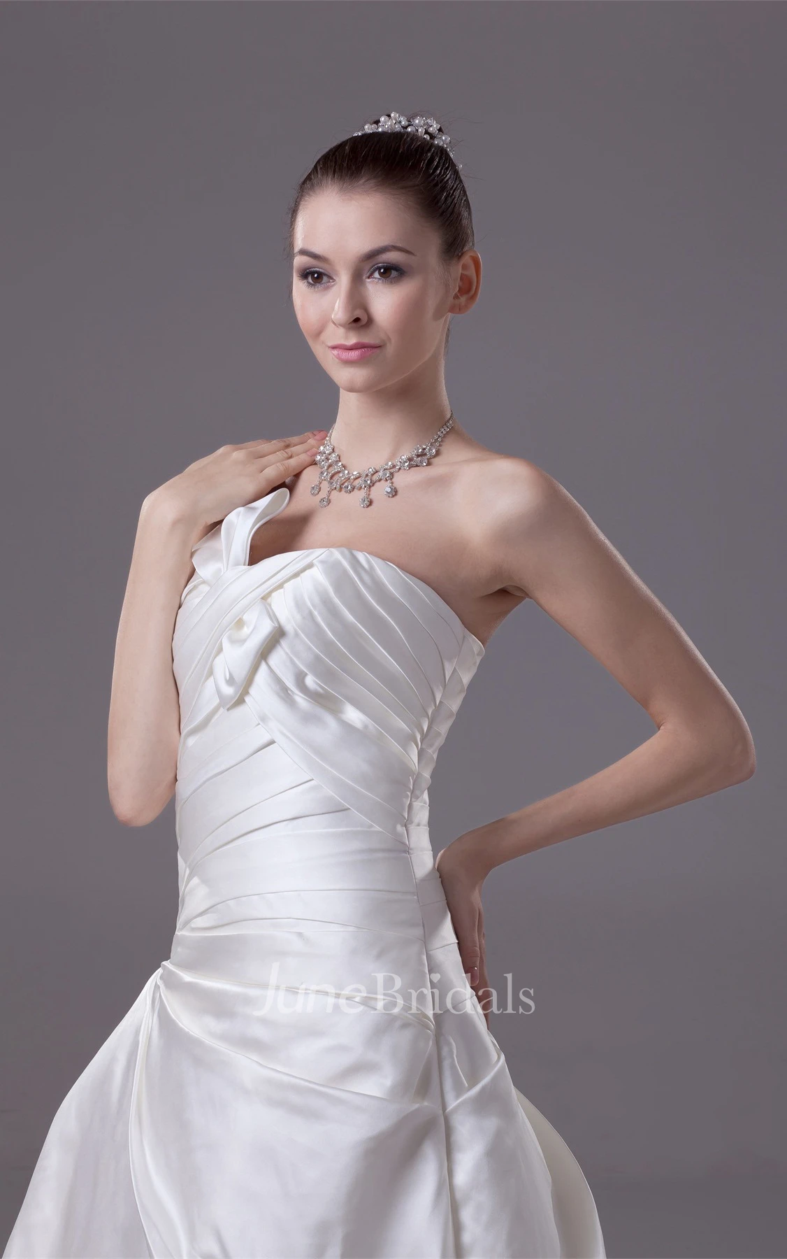 Strapless Pick-Up A-Line Gown with Bow Criss-Cross Ruching