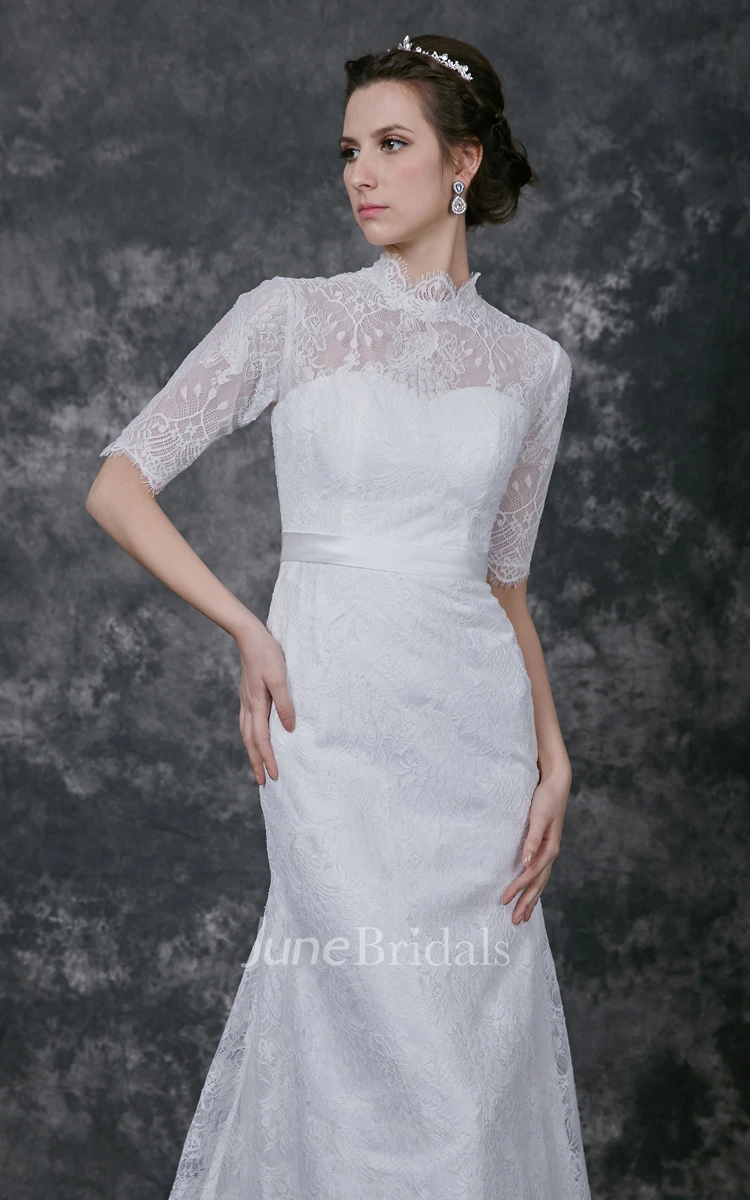 Gorgeous Long Sleeve Pleated Long Lace Dress With High Neck