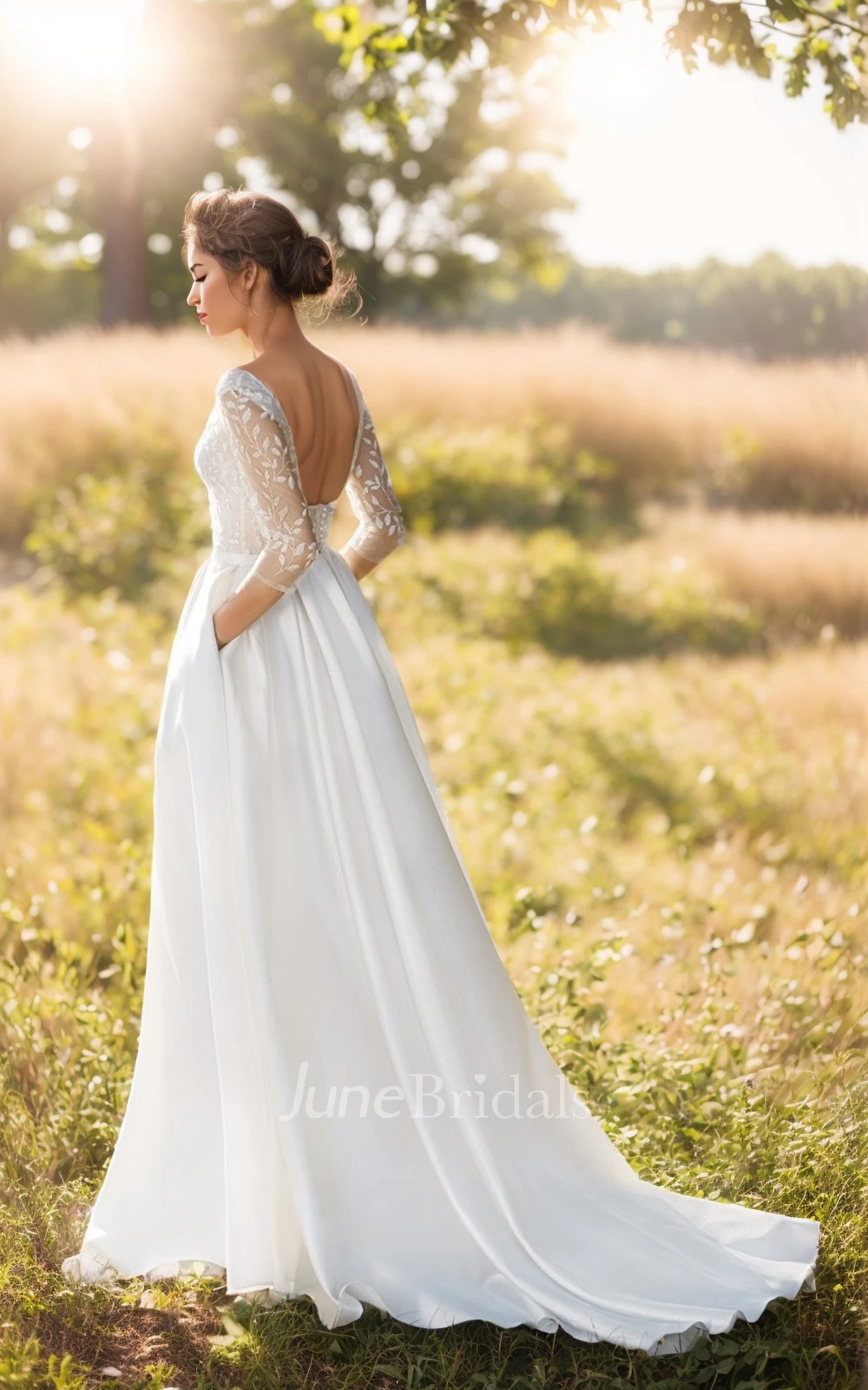 Vintage V-neck A-Line Spring Wedding Dress with Sleeves Open Back Gown