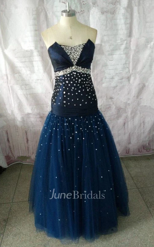 Strapless Tulle&Taffeta Dress With Beading And Lace Up Back