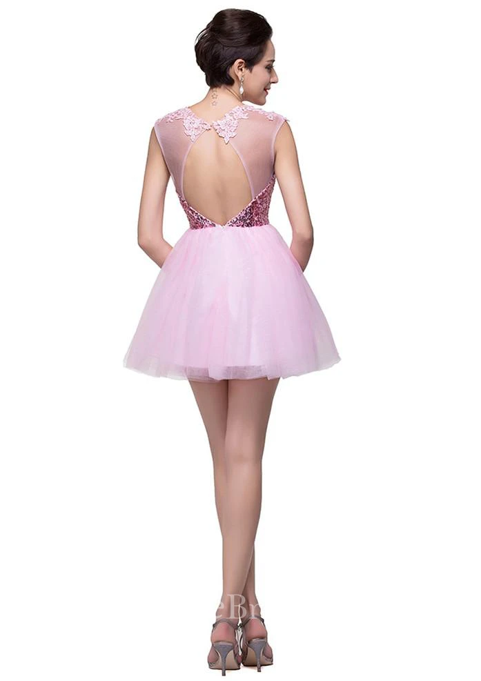 Cute Pink Sequins Sleeveless Homecoming Dress Tulle Short