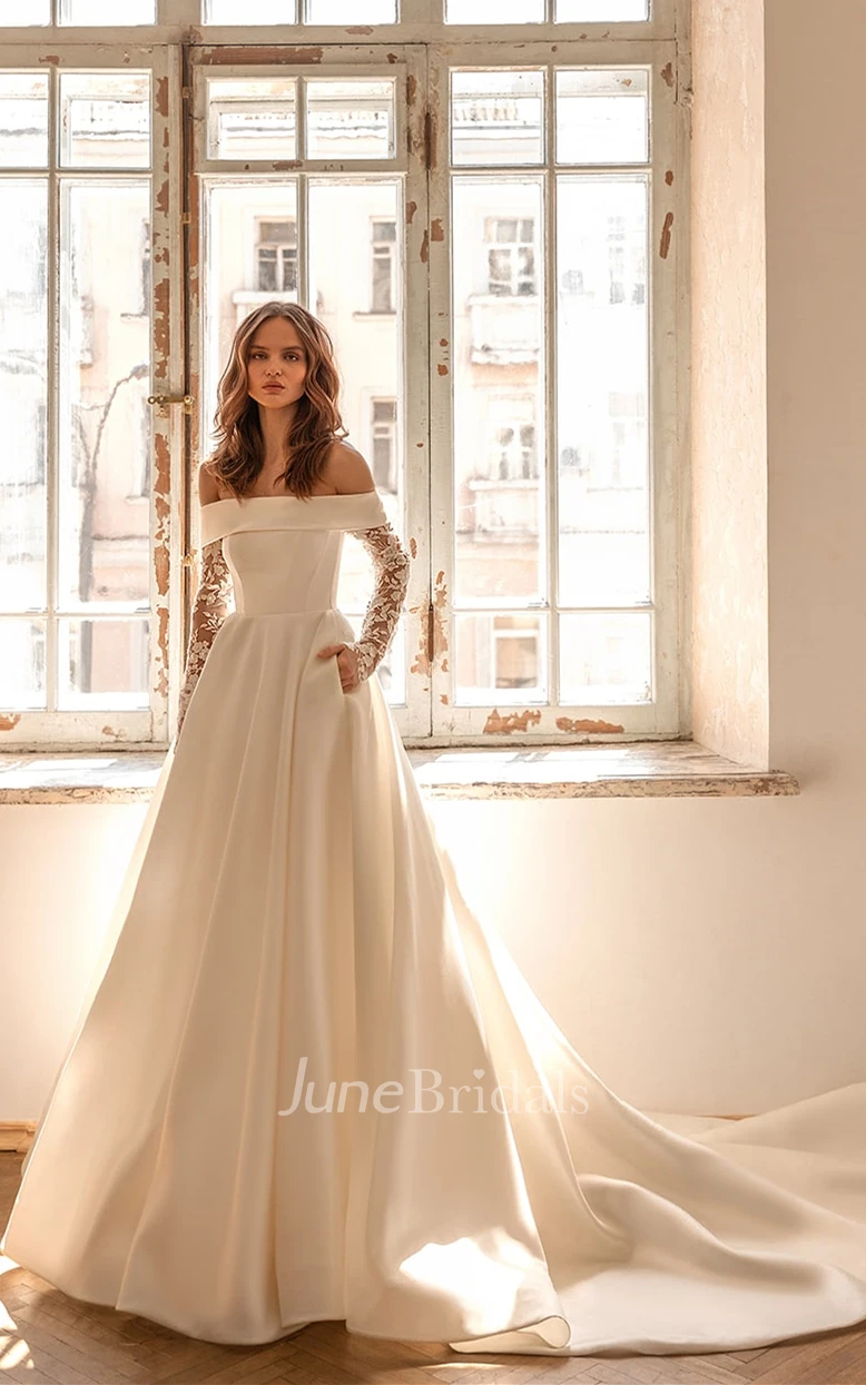 Romantic A Line Satin Wedding Gown with Appliques