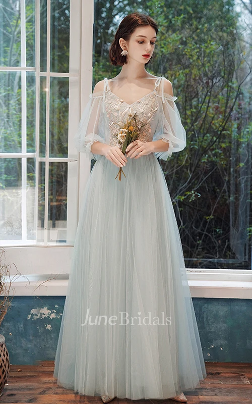 Bohemian Tulle Bateau Halter Off-the-shoulder A Line Evening Formal Dress With Appliques