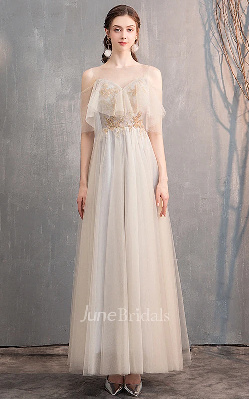 Romantic Tulle Off-the-shoulder V-neck A Line Prom Formal Dress With Appliques