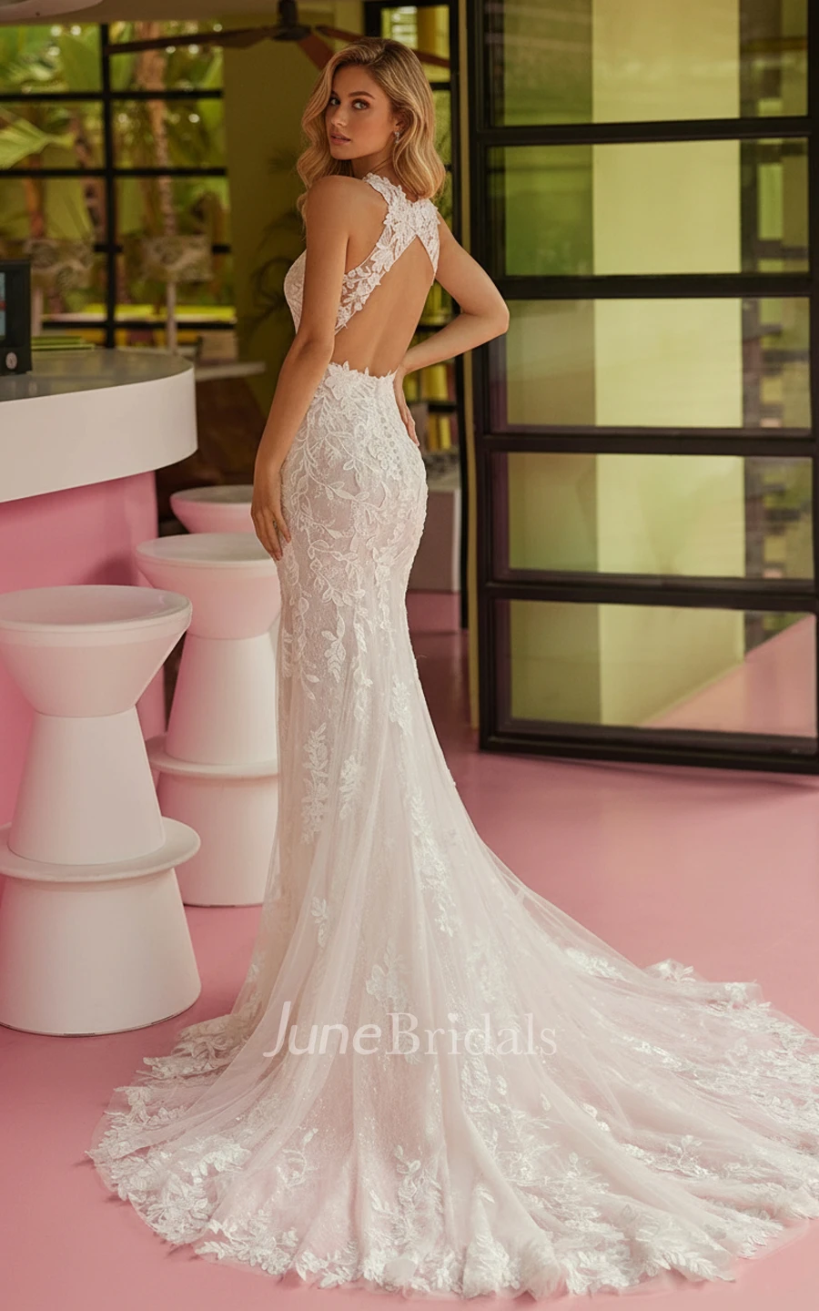 Mermaid Sleeveless Lace Wedding Dress High Neck Backless Bridal Gown with Open Back