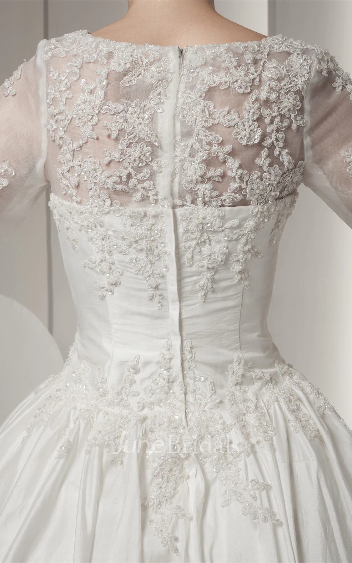 Bateau-Neck Long-Sleeve Ball Gown with Lace and Beading