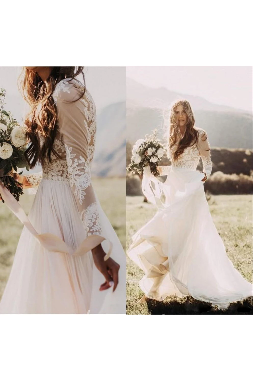 Elegant Floral Long Sleeve Boho A-Line Lace Warm Wedding Dress Rustic Western Casual Jewel Neck Chiffon Gown with Floor Length