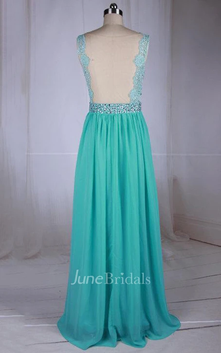 Floor-length Bateau-neck Chiffon Dress With Lace Bodice And Beading