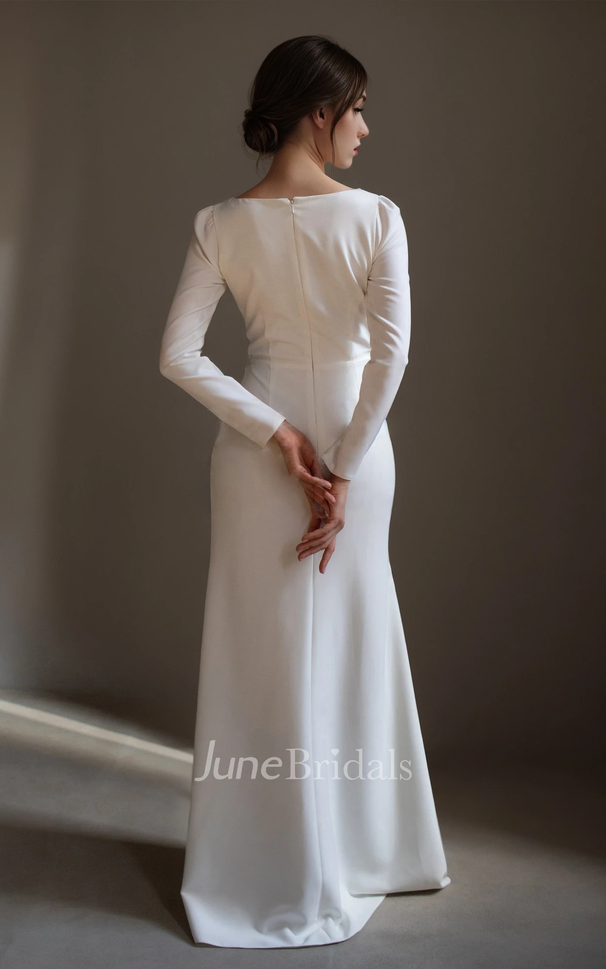 Simple Sheath Long Sleeve Warm Wedding Dress V-neck Floor-length Reception Gown with Split
