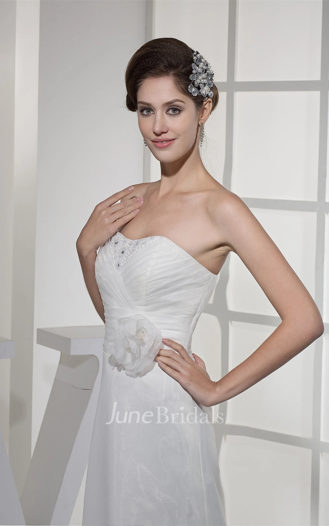 Strapless Criss-Cross A-Line Gown with Flower and Beading