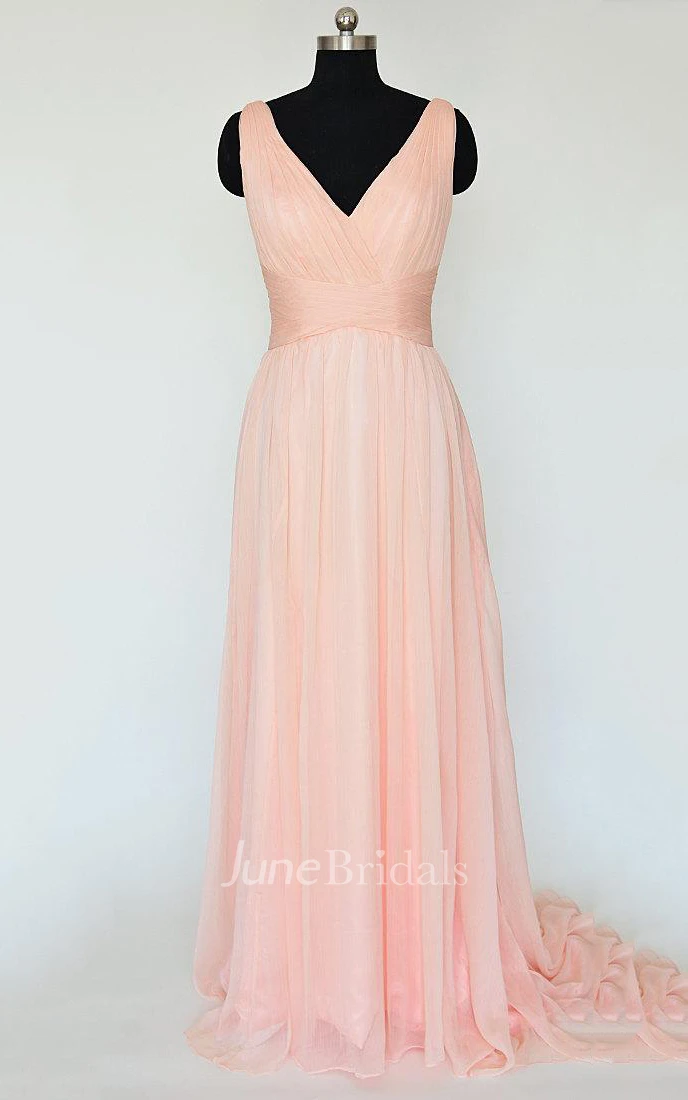 A-line V-neck Sweep Train Chiffon Dress