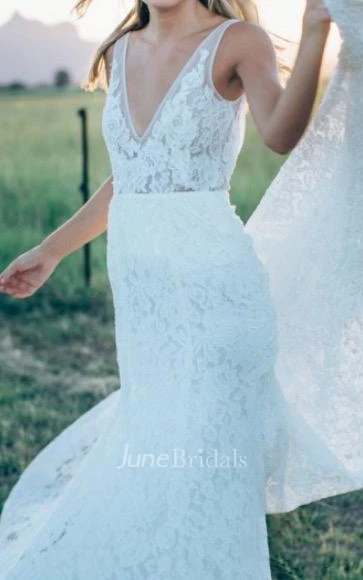 Trumpet Mini V-Neck Sleeveless Bell Appliques Court Train Backless Tulle Lace Dress