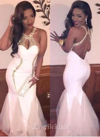 Designer White Halter Sleeveless Prom Dress Mermaid Gold Beads