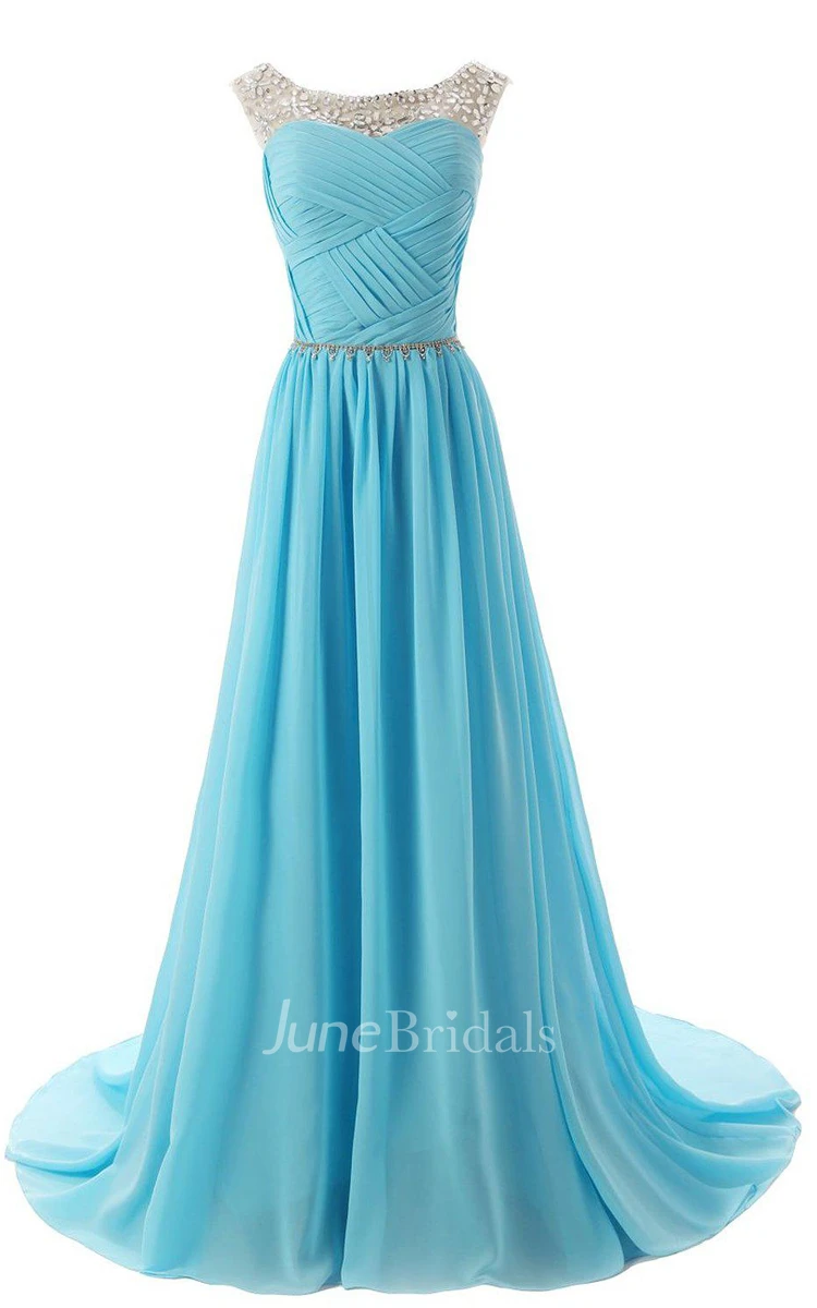 Sleeveless A-line Long Chiffon Dress With Beadings and Pleats