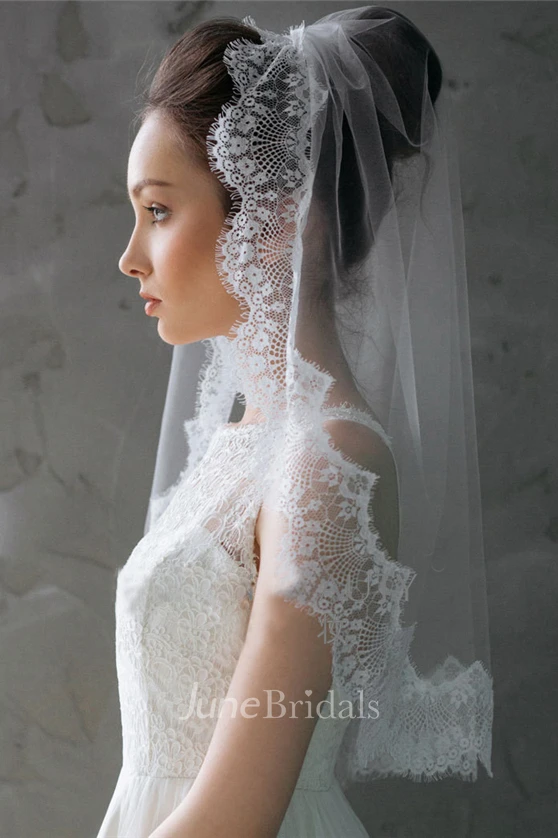 Short Tulle Lace Applique Bridal Veil - June Bridals