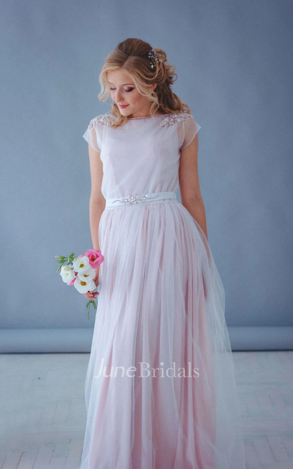 Vintage Poet-Sleeve Tulle Pleated Dress With Epaulet