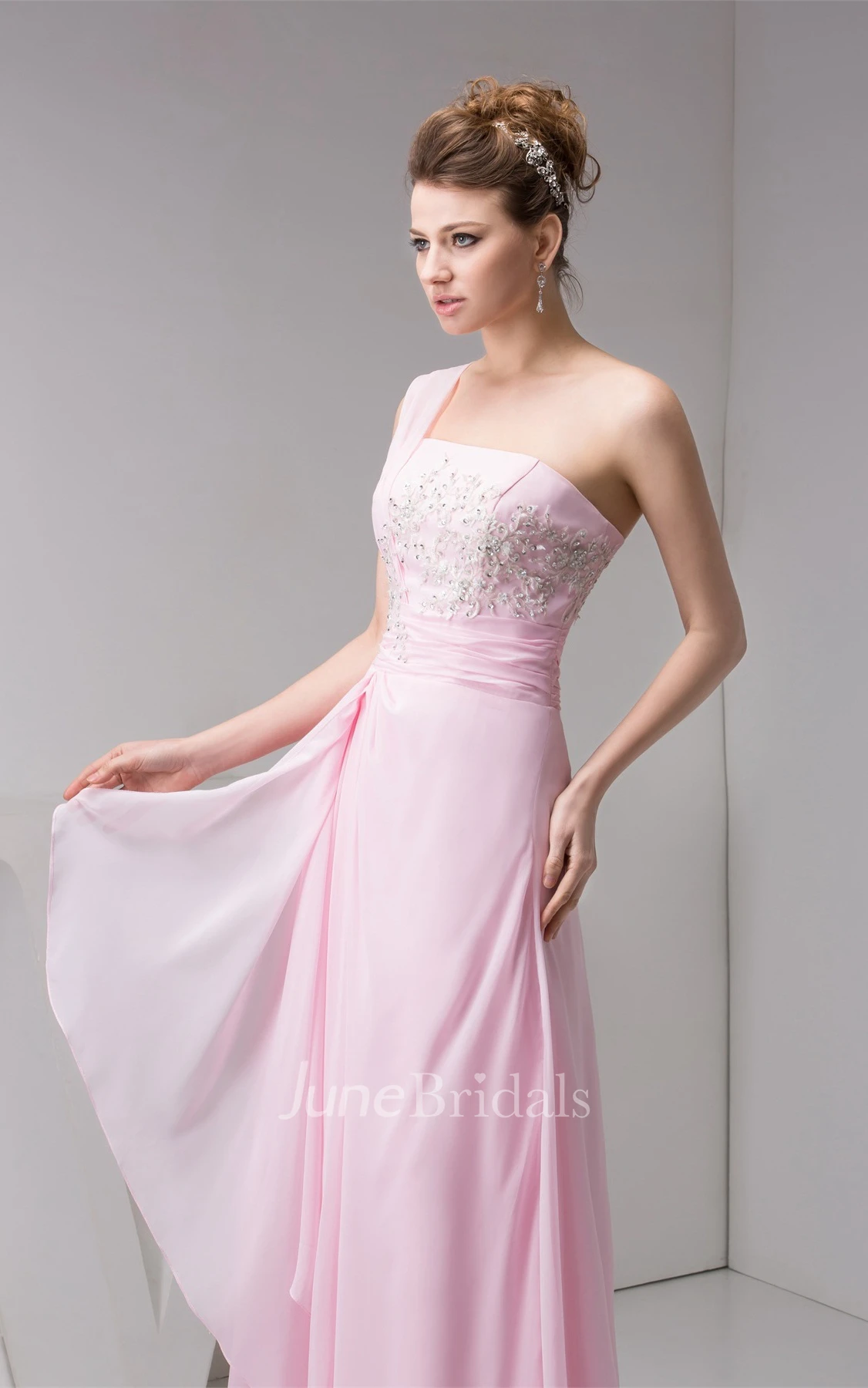 One-Shoulder Chiffon Draped Gown with Appliques and Beading