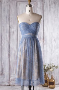 Backless Sweetheart A-line Pleated Lace Knee Length Dress