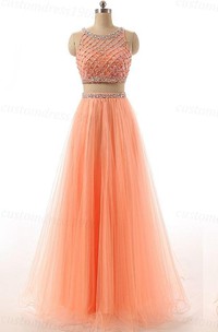 Two Pieces Long A-line Tulle Dress With Sequins