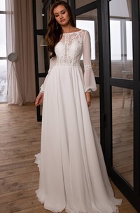 Vintage Chiffon and Lace Bateau A Line Sweep Train Wedding Dress with Ruching