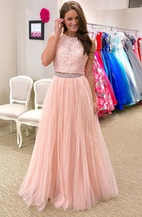 Fashion Two Pieces Halter Lace Long Evening Prom Dress
