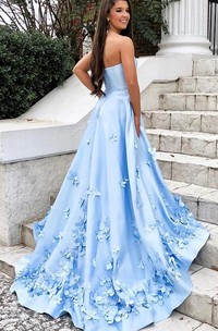 Casual A Line Satin Strapless Sweetheart Sleeveless Prom Dress with Pockets