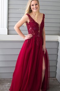 Casual A Line Chiffon Straps V-neck Sleeveless Prom Dress with Appliques and Beading