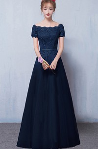 Satin Lace Off-the-shoulder Floor-length Formal Dress With Appliques