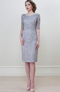 Pencil Knee-Length Half Sleeve Splitted V-Neck Lace Mother Of The Bride Dress
