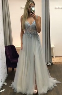 Sexy Side Slit V Neck See Through Beaded A-line Long Evening Prom Dress