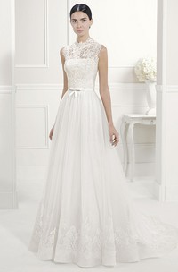 Lace High Neck A-Line Pleated Tulle Bridal Gown With Bow