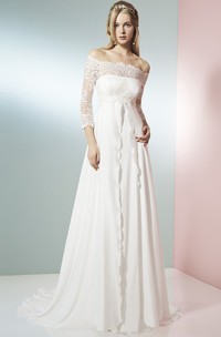 A-Line 3-4 Sleeve Off-The-Shoulder Lace Empire Chiffon Wedding Dress