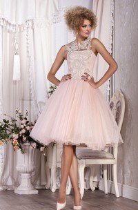 A-Line Knee-Length High-Neck Sleeveless Tulle Pleats Appliques Button Dress