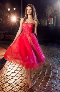 A-Line Knee-Length Strapless Tulle Backless Dress With Criss Cross And Flower