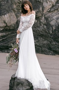 Boho Simple Lace Tulle Off-the-shoulder A Line Long Sleeve Wedding Dress