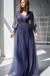 Bohemian Tulle V-neck  A Line Floor-length Mother Dress with Beading and Sash