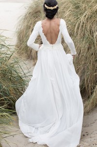 Simple Lace and Chiffon Bateau A Line Sweep Train Wedding Dress with Ruching