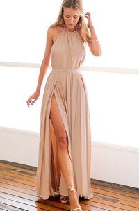 Sexy A Line Chiffon Halter Sleeveless Prom Dress with Split Front