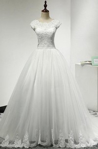 Jewel Neck Cap Sleeve Tulle Ball Gown With Scalloped Hem