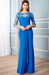 Scoop-Neck Floor-Length Criss-Cross Half-Sleeve Jersey Formal Dress With Draping And Appliques